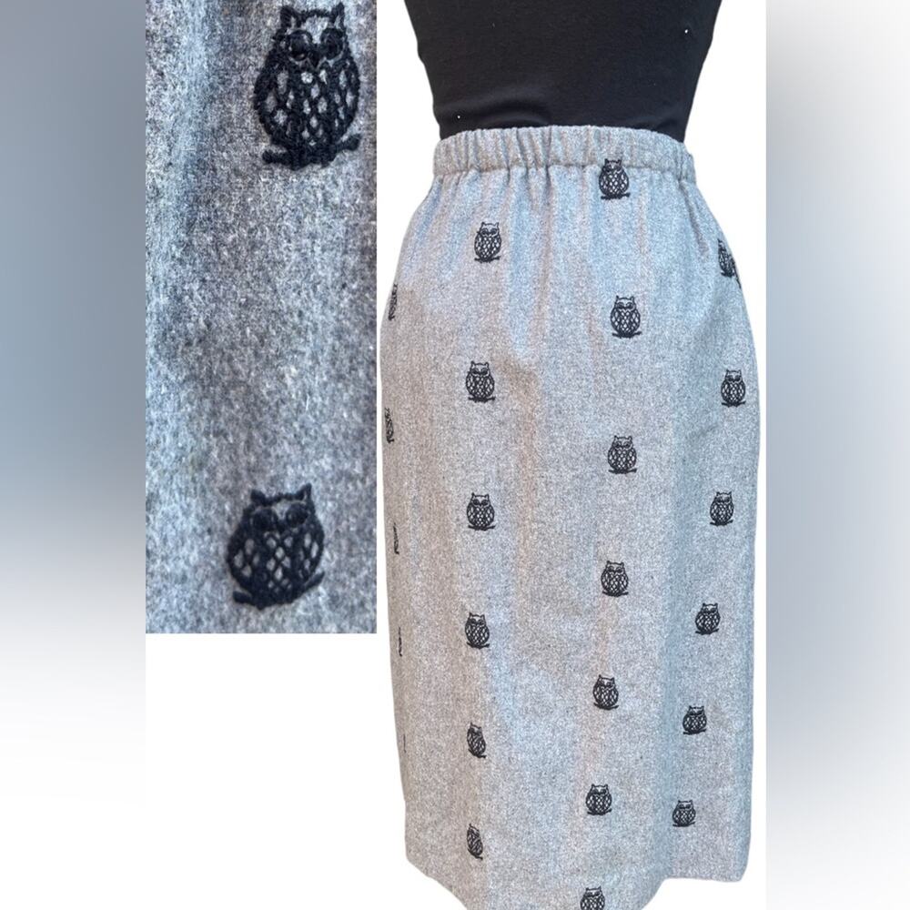 Vtg Wool Pull On Whimsigoth Owl Embroidered Preppy Ladylike Feminine Skirt S